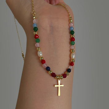 Minimalist Gold Cross Beaded Necklace – Elegant Faith-Inspired Unisex Jewelry